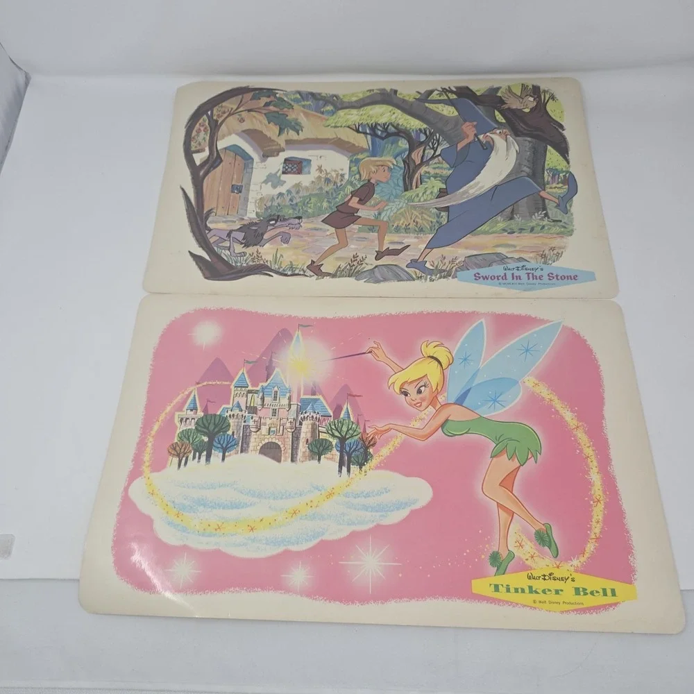 Lot of 2 1961 Walt Disney Placemats Sword And Stone Tinkerbell